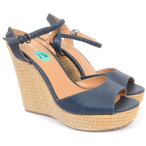 Nine West Womens 7.5 Espadrille High Wedge Heels Open Toe Nautical Vegan Leather - Picture 1 of 7